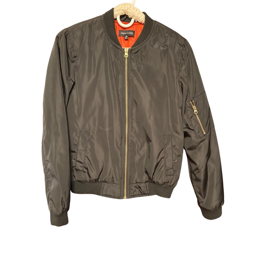 Black Bomber Jacket Gold ZIpper and red lining Medium